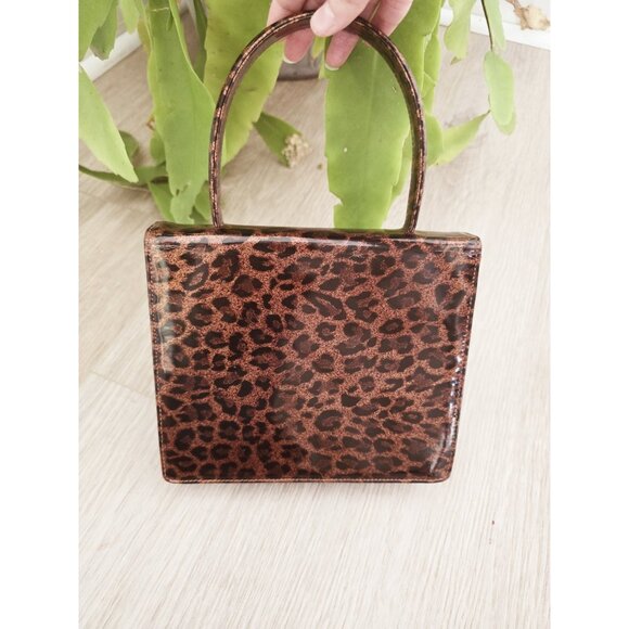 Escada Leopard Animal Print Brown Patent Leather Handle Hand Mini Bag Purse - Picture 5 of 11
